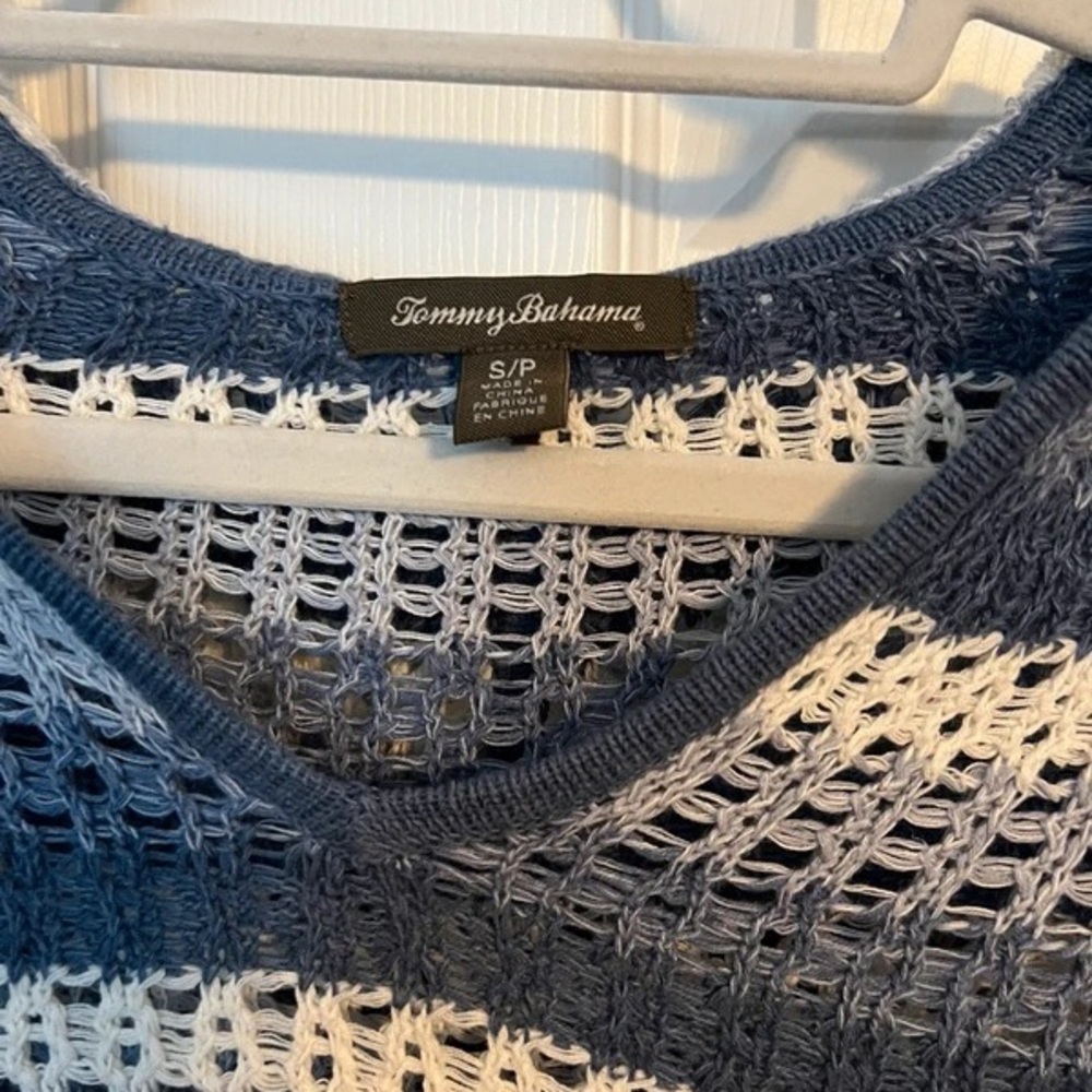 Tommy Bahama Blue & White Striped Open-Knit V-Neck Hoodie Sweater - Picture 4 of 5